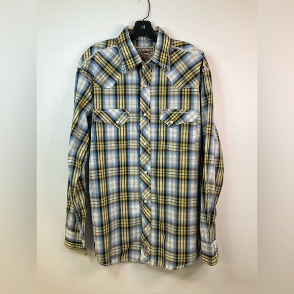 RAFTER C Cowboy Collection Western Shirt Men’s L Blue Yellow Plaid Pearl Snap - Picture 3 of 8